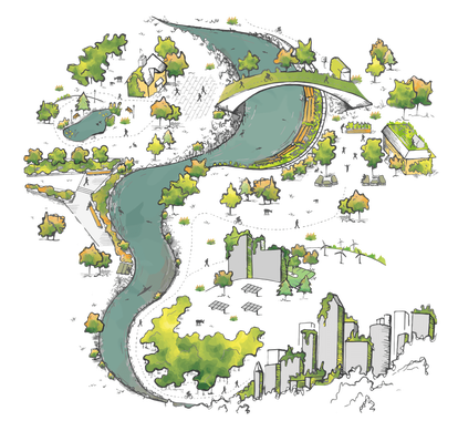 Illustration d’un paysage mêlant nature et urbanisme, avec une rivière sinueuse traversée par un pont moderne, entourée de verdure, d’arbres et de petites habitations. En arrière-plan, une transition vers une ville avec des bâtiments en harmonie avec l’en